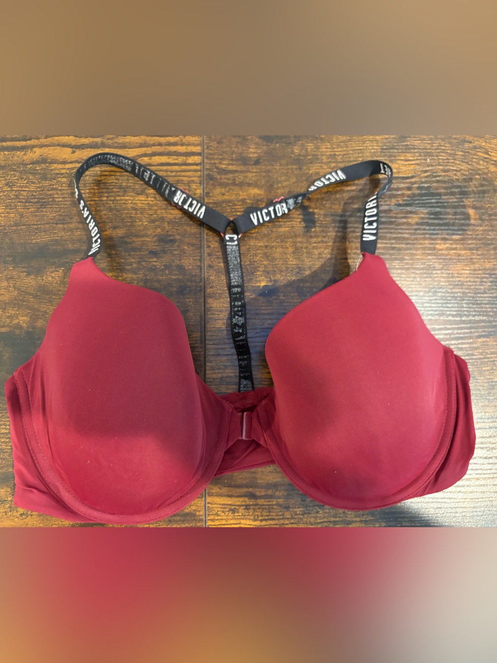 Victoria's Secret Burgundy Padded T-Shirt Bra with Logo Straps